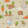 ÃÂ attern cute rabbit cart carrots box bucket and spade butterflies sketch black outline different elements isolated